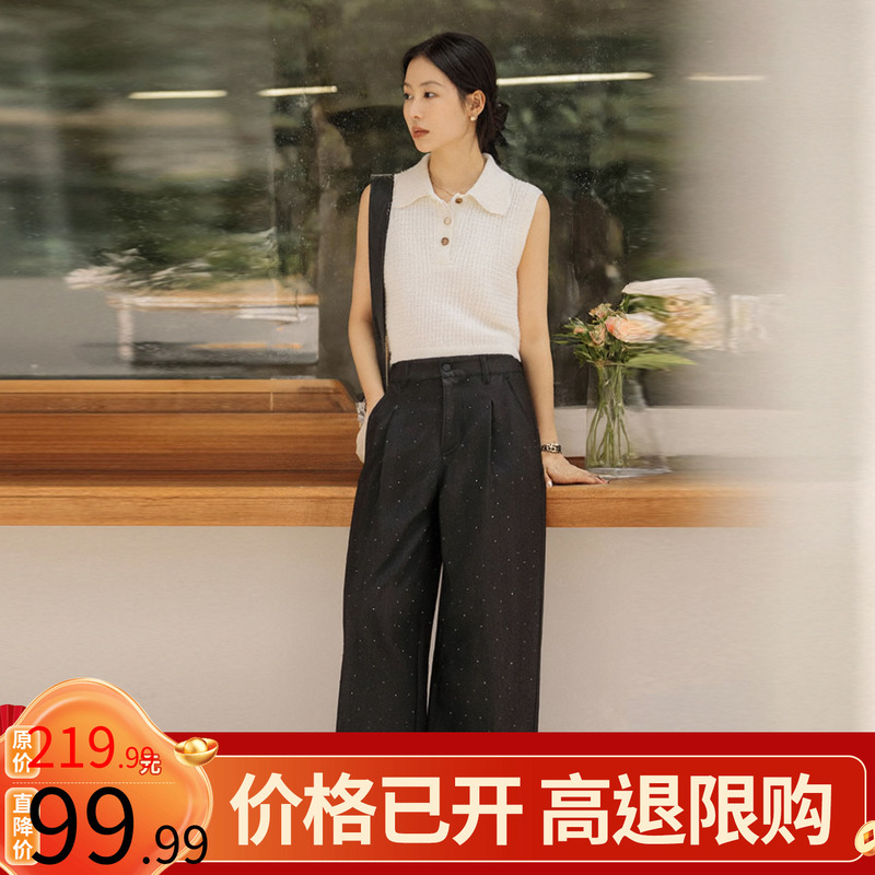 Retail Price 739【Mo Y】Stylish Straight-Leg Casual Pants with Rhinestone Design, New Women's Fashion for Summer 2026 Retail Price 739【Mo Y】Stylish Straight-Leg Casual Pants with Rhinestone Design, New Women's Fashion for Summer 2026