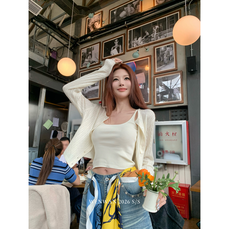 Wenwan【Bright and Free】Round-Neck Solid Color Cable Knit Buttoned Thin Cardigan Top