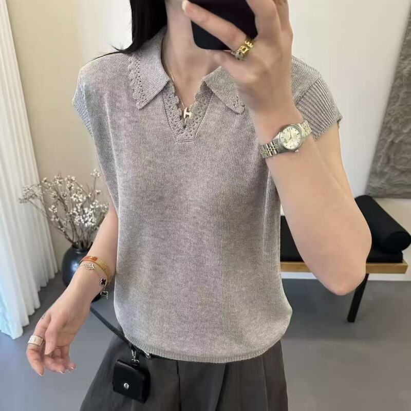 Gray Scissor Collar Shell Sleeves Solid Color Hollow Floral Collar Knitted Short Sleeves Flutter Sleeves 686