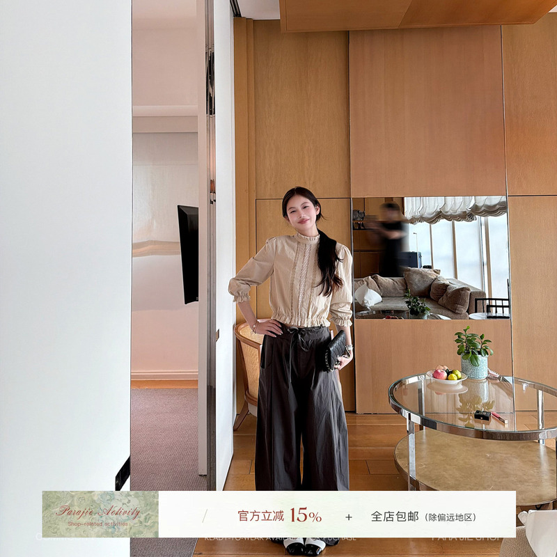 For Jie Shijie, the "Relaxed Edge" Pure Cotton Airy Low-Waist Pleated Drawstring Casual Wide-Leg Pants for Women