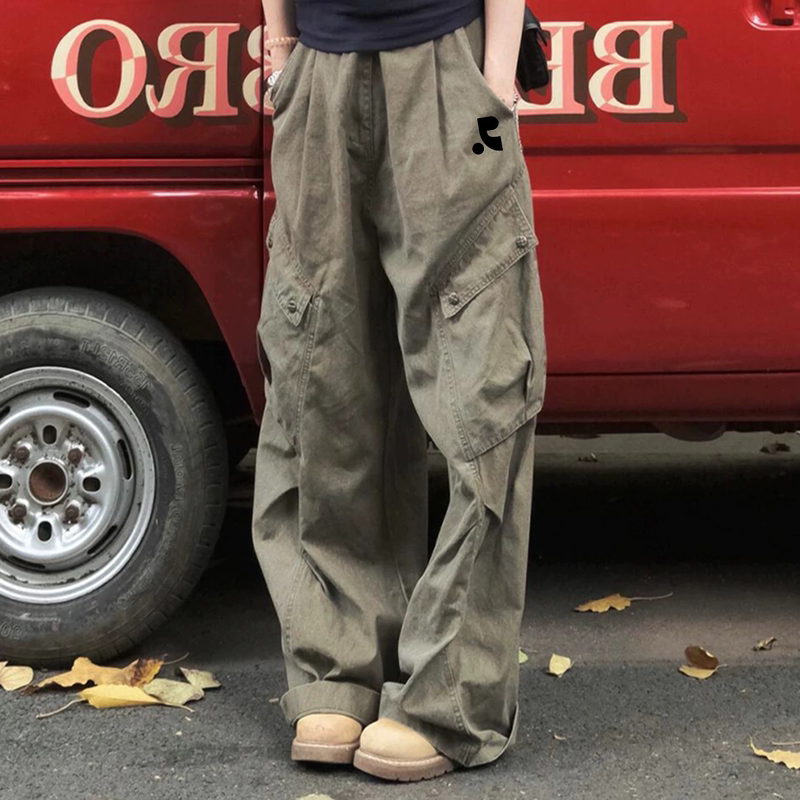 【Korea Restandricou】Wide-Leg Denim Work Pants for Women, Vintage Distressed Pleated Loose Straight Pants