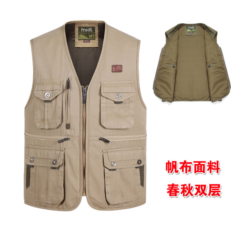 Middle-Aged and Elderly Men's Vest for Spring and Autumn, Outdoor Multi-Pocket Photography Vest, Loose Fit, Washed Pure Cotton Canvas Gilet Middle-Aged and Elderly Men's Vest for Spring and Autumn, Outdoor Multi-Pocket Photography Vest, Loose Fit, Washed Pure Cotton Canvas Gilet