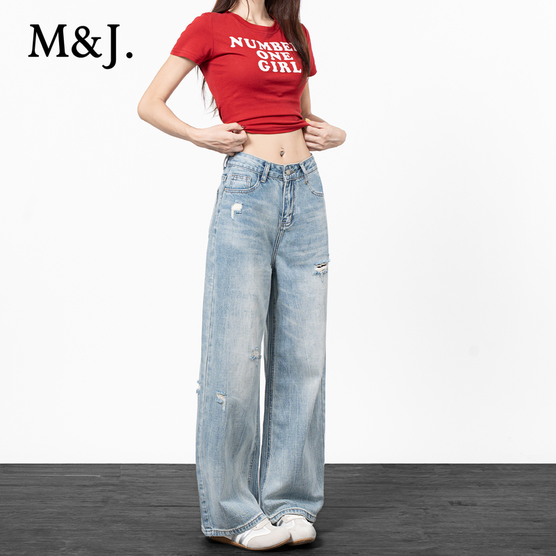 Vintage Washed Light Blue Ripped Straight-Leg Jeans for Women, 2026 Autumn New High-Waisted Slimming Loose Wide-Leg Pants