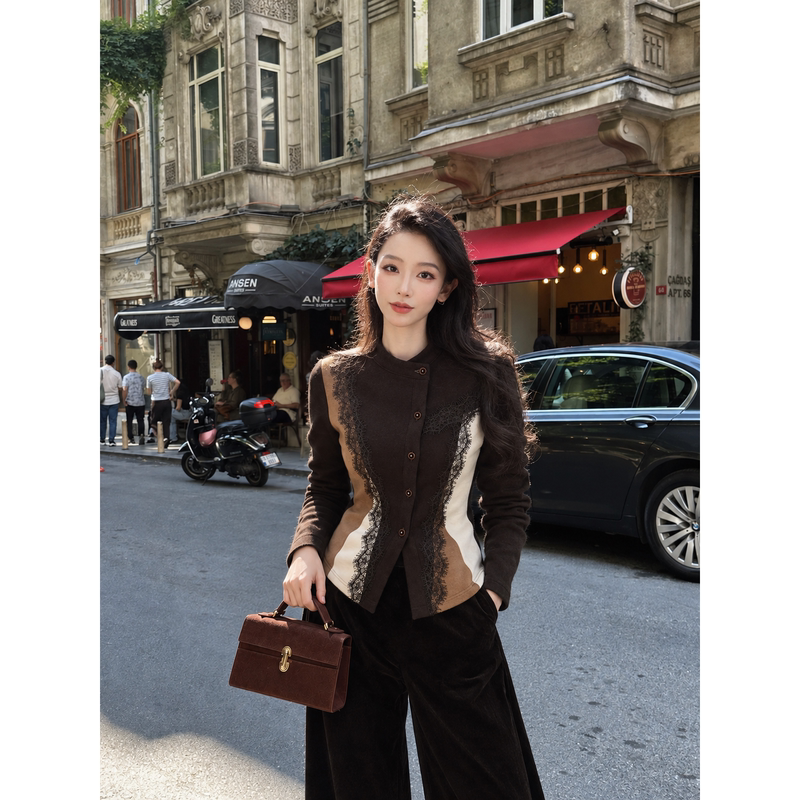 [Tangtang·Studio] Patchwork Lace Color-Blocked Fitted Long-Sleeve Short Jacket for Women - 133531