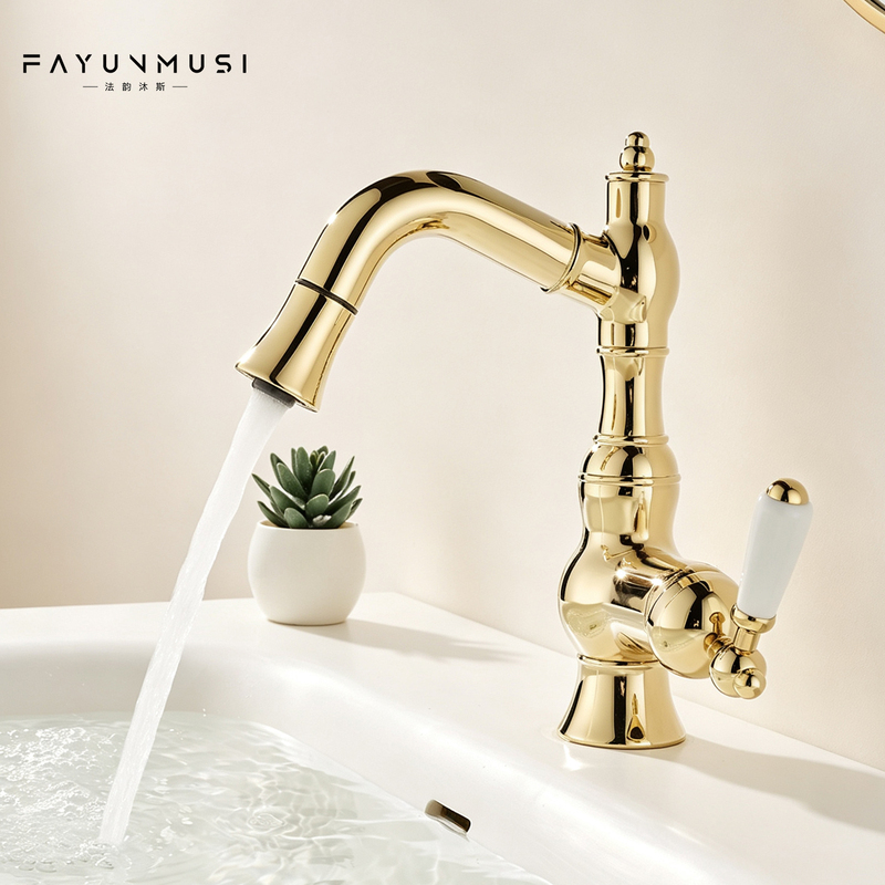 French-Style Light Luxury Pull-Out Faucet, Brass Gold Color, Rotatable, for Bathroom Vanity Basin, Hot and Cold Splash-Proof Household Faucet