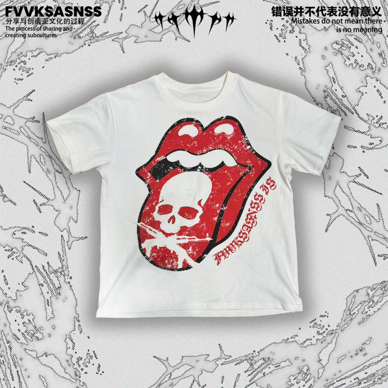 Fvvksasnss Sad Rural Fantasy Street Subculture Rolling Stones Band T-Shirt Regular Shoulder Distressed Short Sleeve Fvvksasnss Sad Rural Fantasy Street Subculture Rolling Stones Band T-Shirt Regular Shoulder Distressed Short Sleeve