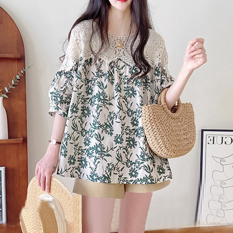 Maternity Wear Spring and Summer Cotton and Linen Korean Style Sweet and Spicy One-Shoulder Lace Splicing Floral Short-Sleeved Shirt Babydoll Top for Women Maternity Wear Spring and Summer Cotton and Linen Korean Style Sweet and Spicy One-Shoulder Lace Splicing Floral Short-Sleeved Shirt Babydoll Top for Women