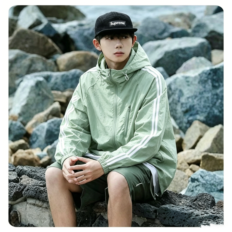 【Men】Green Double-Striped Hooded Sun Protection Clothing~32981 【Men】Green Double-Striped Hooded Sun Protection Clothing~32981
