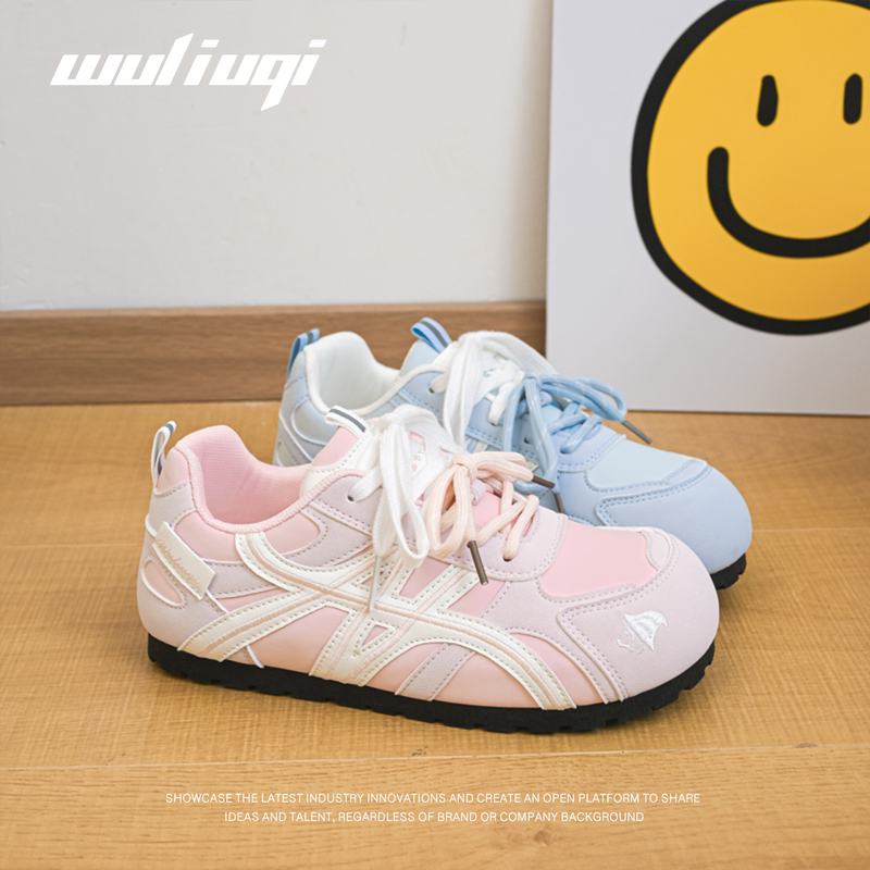 Wu Liuqi Soft-Soled Popular Leather Version 2026 Autumn Shoes Blue and Pink Color-Block Casual Shoes German Training Shoes Versatile with Skirts Wu Liuqi Soft-Soled Popular Leather Version 2026 Autumn Shoes Blue and Pink Color-Block Casual Shoes German Training Shoes Versatile with Skirts