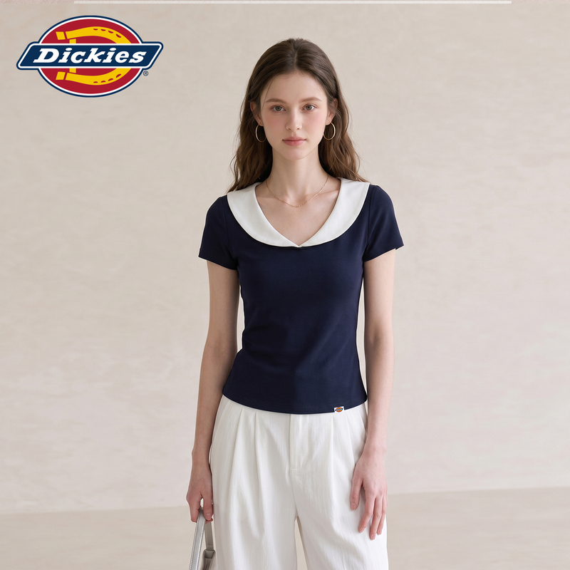 Dickies Navy Blue Doll Collar Short-Sleeved T-Shirt for Women 2026 New Summer Age-Reducing Slimming Right-Shoulder Top Dickies Navy Blue Doll Collar Short-Sleeved T-Shirt for Women 2026 New Summer Age-Reducing Slimming Right-Shoulder Top