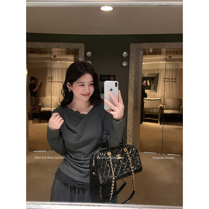 Dcccdic Chen Dian Dian's "Gray Series" Lace Chiffon Blouse for Women, Patchwork Knit Long-Sleeve Top, Slimming for Autumn