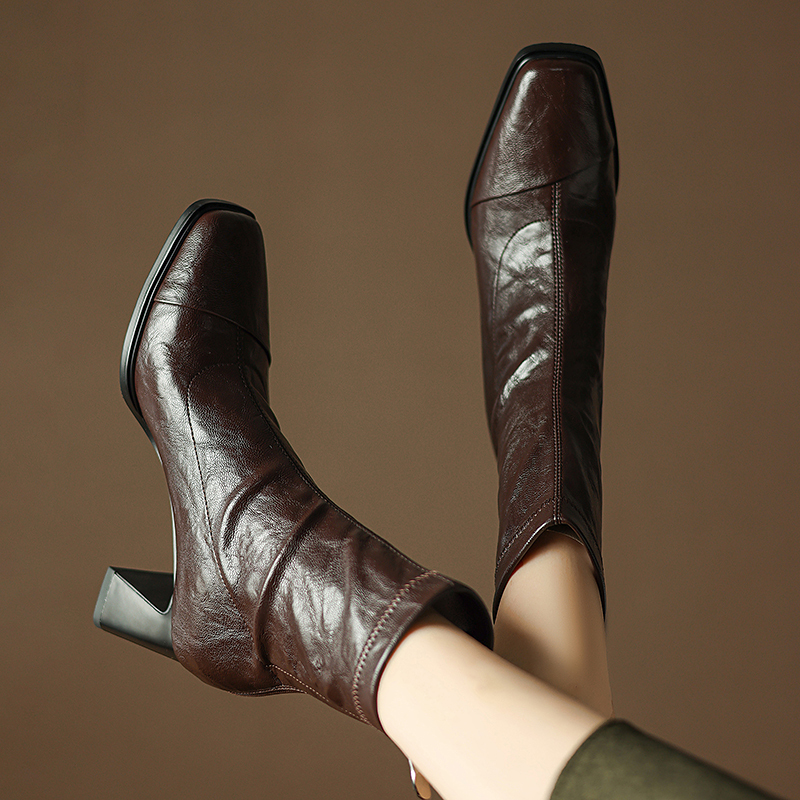7cm Hand-Grained Sheepskin Chunky Heel Short Boots for Women, Square Toe Elastic Slim Boots, Vintage Brown Soft Leather High-Heeled Martin Boots