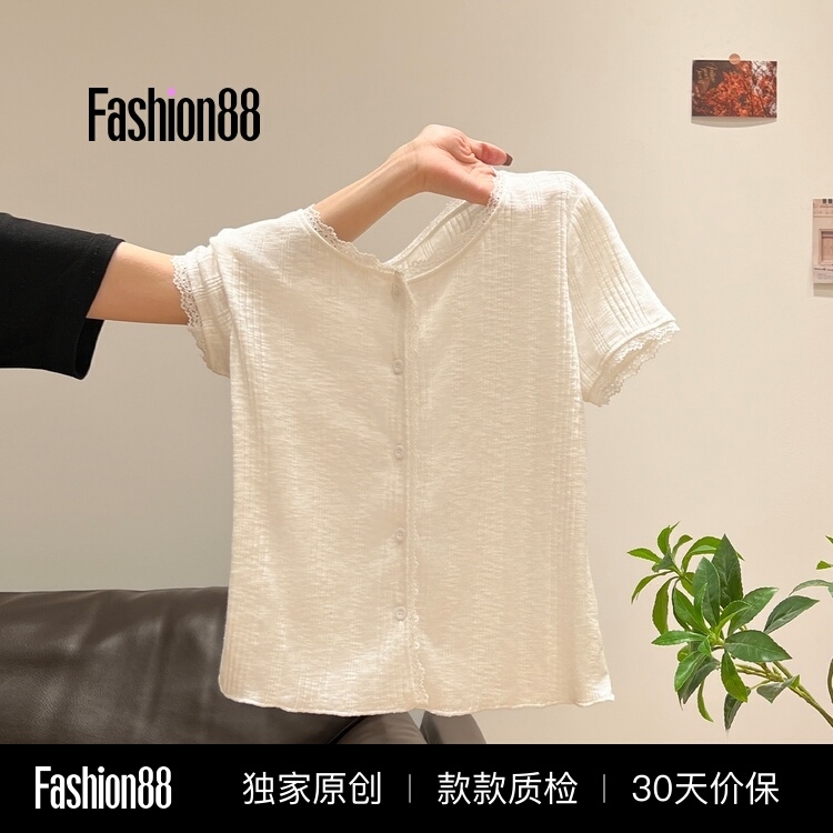 Muta French-Style Gentle Lace Splicing Round-Neck T-Shirt for Women, Summer Thin Style, Versatile for Outdoor Travel and Vacation, Photo-Friendly Top Muta French-Style Gentle Lace Splicing Round-Neck T-Shirt for Women, Summer Thin Style, Versatile for Outdoor Travel and Vacation, Photo-Friendly Top