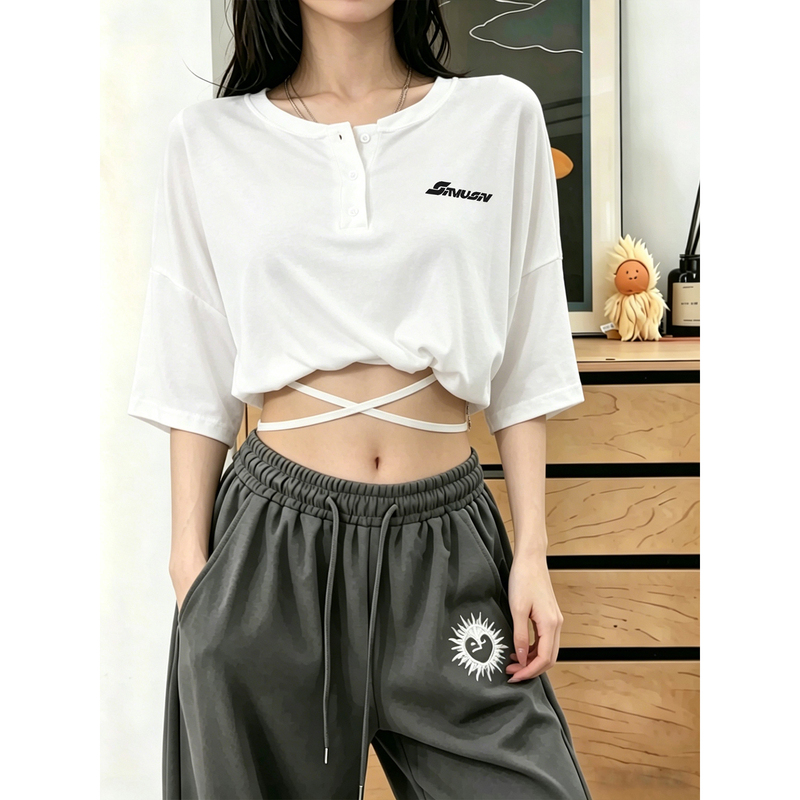 Yibao Street Dance Trendy Brand Lazy Style Thin Sexy Short-Sleeve Slimming Loose Cropped T-Shirt Top for Women Yibao Street Dance Trendy Brand Lazy Style Thin Sexy Short-Sleeve Slimming Loose Cropped T-Shirt Top for Women