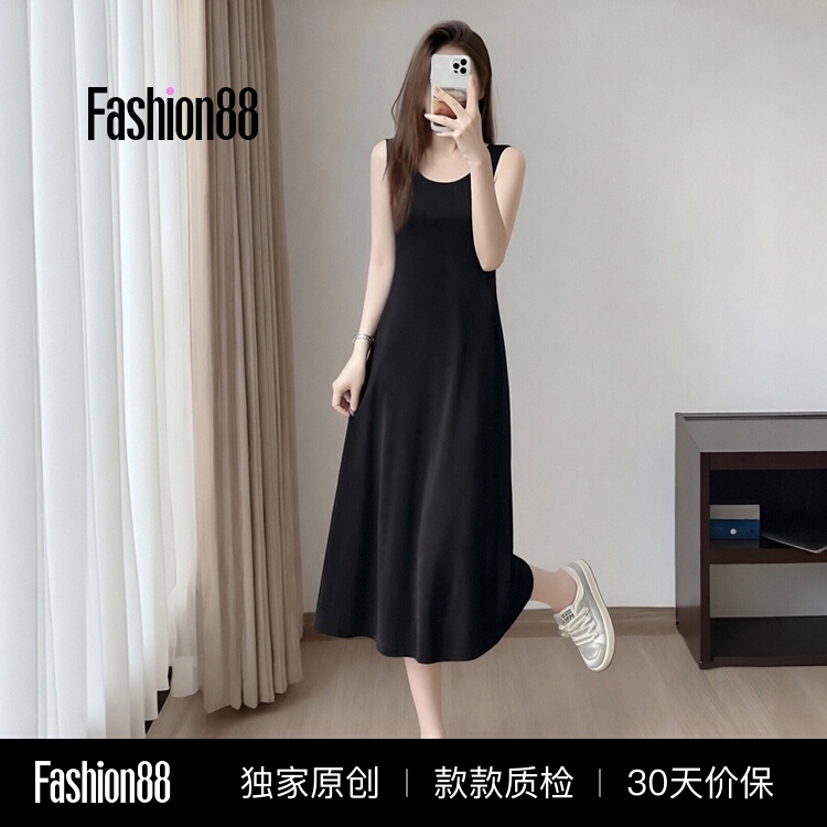 Minimalist Style Black Vest Dress for Women, Summer Long Over-The-Knee Loose-Fitting Outerwear Dress