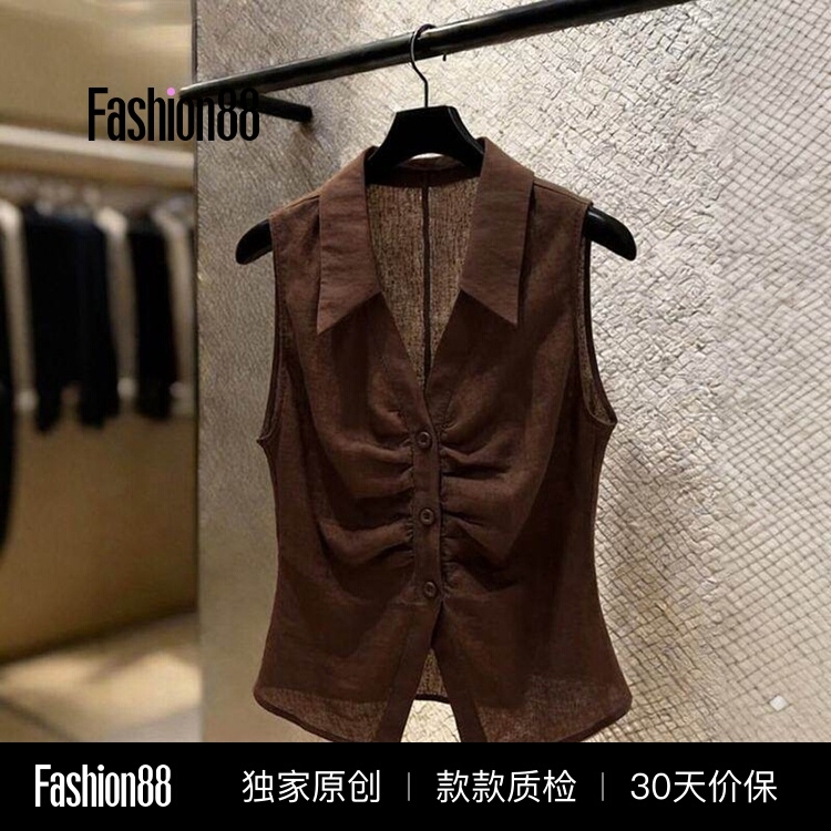 French-Style Coffee-Colored Versatile V-Neck Sleeveless Shirt for Women, New Summer Casual Waist-Cinching Slimming Tank Top Trendy Blouse