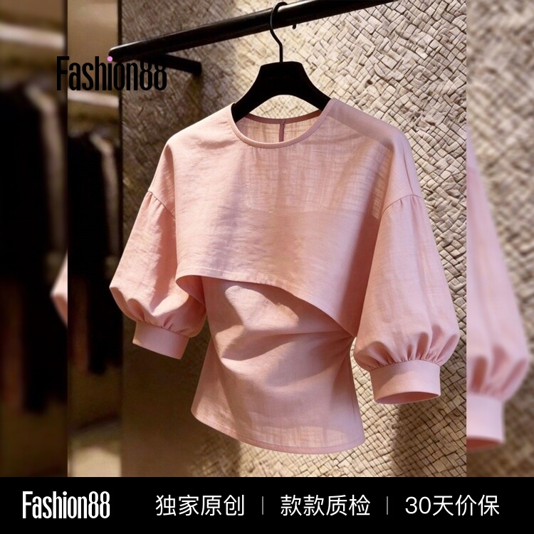 2026 Summer New Style French Design Pink Round Neck Shirt for Women, Unique and Beautiful Top for Women
