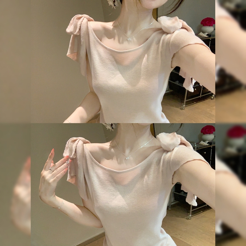 Pink Miu-Style Bow-Tie Strapless Knit Top with Short Sleeves for Women, Sweet and Slim-Fitting, Age-Reducing and Slimming, Suitable for Spring and Summer