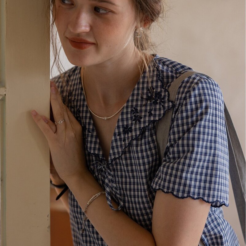French Retro Blue Plaid Embroidered Lapel Shirt for Women, Summer Unique Artistic Style Loose-Fitting Tie-Up Short-Sleeve Top French Retro Blue Plaid Embroidered Lapel Shirt for Women, Summer Unique Artistic Style Loose-Fitting Tie-Up Short-Sleeve Top