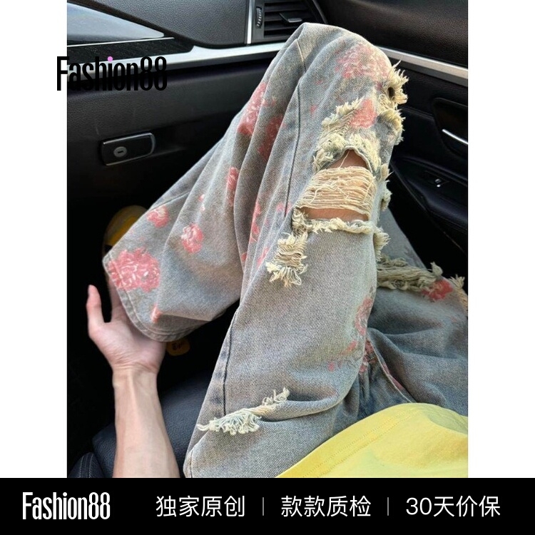 Rose Ripped Jeans for Men and Women, Summer Style, Cool and Stylish, High-End Feel, American High Street Straight-Leg Flared Pants