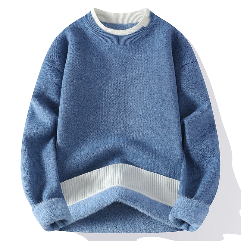 College-Style Fake Two-Piece Color-Blocked Round-Neck Knit Sweater for Men, Autumn and Winter Wear, Youthful Loose and Lazy Style Pullover Sweater College-Style Fake Two-Piece Color-Blocked Round-Neck Knit Sweater for Men, Autumn and Winter Wear, Youthful Loose and Lazy Style Pullover Sweater
