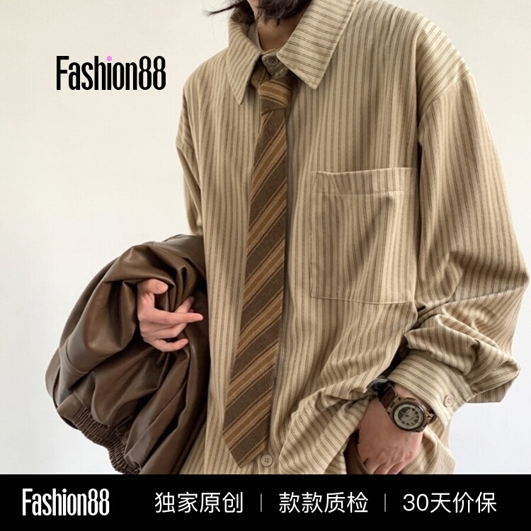 Japanese Retro Workwear Style Khaki Vertical Striped Shirt for Men, Long Sleeve, Loose Fit, Drop Shoulder, High-End Casual with Visible Pockets