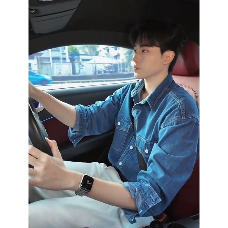 American Retro Washed Denim Shirt for Men, Long-Sleeved, Loose Fit, Drop Shoulder, Turn-Down Collar, Twill Texture, Relaxed Casual Workwear