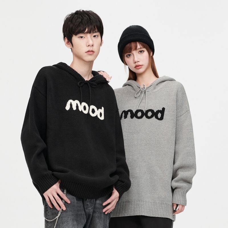 Street Fashion Black Hooded Drawstring Embroidered Letter Loose Fit Drop Shoulder Sweater Men's Knitwear with Ribbed Cuffs Street Fashion Black Hooded Drawstring Embroidered Letter Loose Fit Drop Shoulder Sweater Men's Knitwear with Ribbed Cuffs