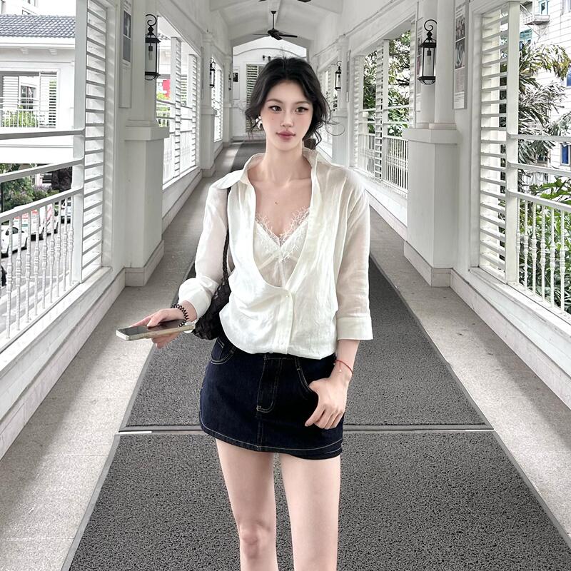Fake Two-Piece White Lace Ramie Mid-Sleeve Shirt for Women, Summer Sexy Pure Desire Casual Loose-Fitting Elegant Top