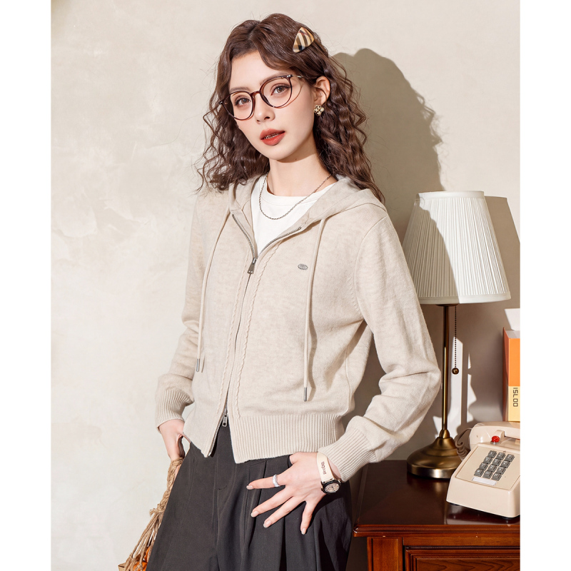 2026 Autumn Korean Style Hooded Zipper Knitted Cardigan for Women, Short Drawstring Hoodie Sweater Jacket for Petite Figures 2026 Autumn Korean Style Hooded Zipper Knitted Cardigan for Women, Short Drawstring Hoodie Sweater Jacket for Petite Figures