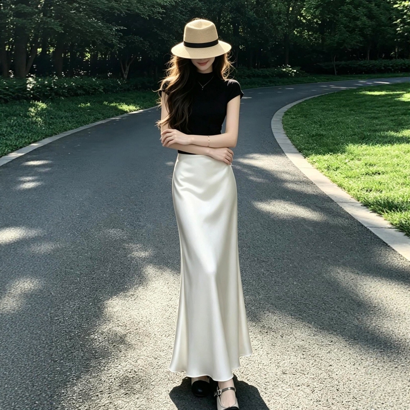 Acetate Satin Fishtail Skirt, Hip-Hugging Long Skirt, Mature and Sophisticated Old Money Style, High-Intelligence Fashion Outfit Set for Summer Acetate Satin Fishtail Skirt, Hip-Hugging Long Skirt, Mature and Sophisticated Old Money Style, High-Intelligence Fashion Outfit Set for Summer