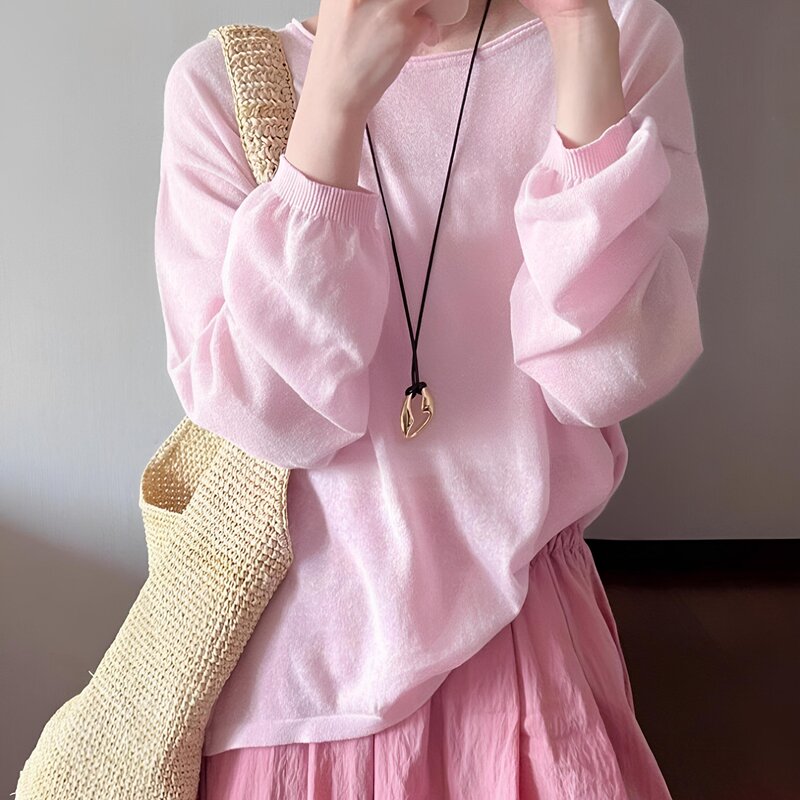 French-Style Sweet Pink Cotton and Linen Knit Long-Sleeve T-Shirt for Women, Summer Thin Loose Ice Silk Sun-Protection Air-Conditioning Cover-Up Top French-Style Sweet Pink Cotton and Linen Knit Long-Sleeve T-Shirt for Women, Summer Thin Loose Ice Silk Sun-Protection Air-Conditioning Cover-Up Top