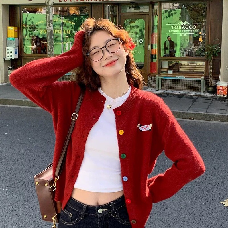 Red Cardigan Jacket for Women 2026 Early Autumn New Short Sweater Outerwear Korean Style Stylish Knitted Top