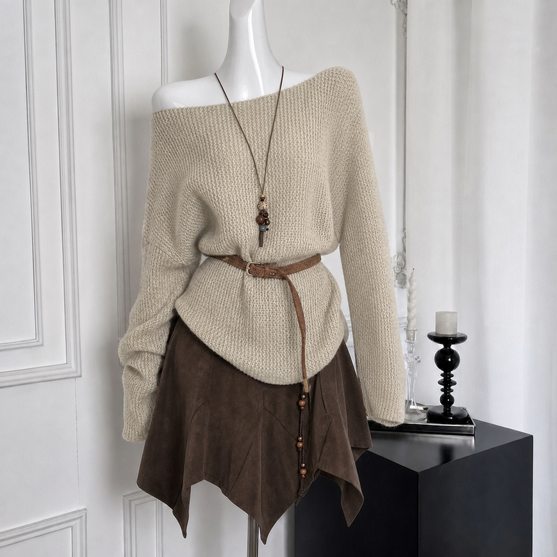 Xinjiang Travel Outfit Wasteland Style Diagonal Knit Cardigan Early Autumn 2026 Maillard Coffee Color A-Line Short Skirt Set