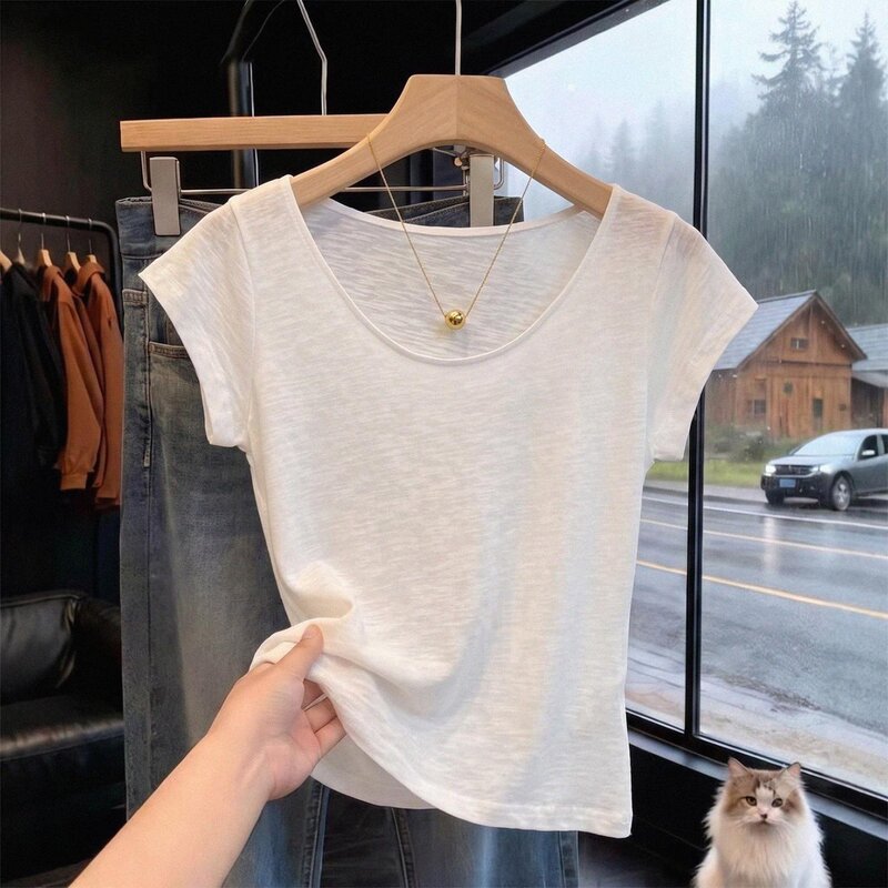 Korean-Style Solid Color U-Neck Short-Sleeve T-Shirt for Women, Summer 2026, Soft, Comfortable, Breathable, Slim-Fit, Basic Versatile Top