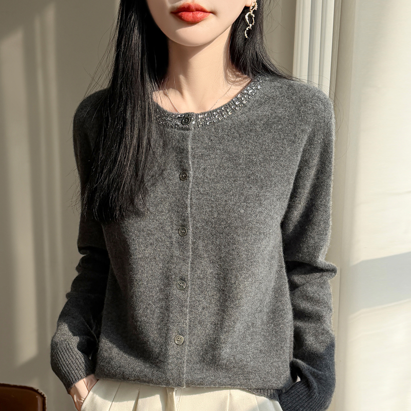 Designer-Style Collar with Rhinestones, Knitted Cardigan for Women, Autumn and Winter Round Neck Single-Breasted Versatile Slim-Fit Long-Sleeve Sweater Coat