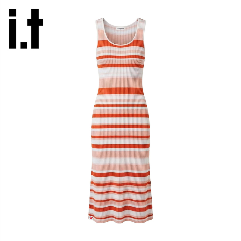 I.T:Chocoolate Red and White Sleeveless Slim-Fit Striped Knit Dress for Women 2026 New Style Mid-Length Tank Dress