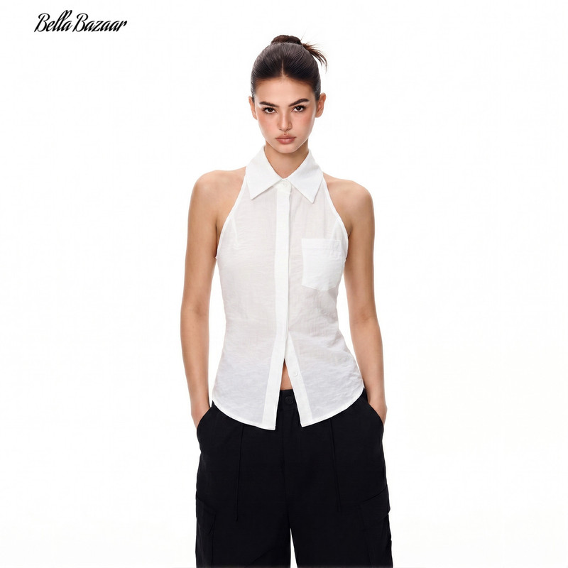 Bellabazaar American Style Spicy Girl Lapel Halter Neck Sleeveless Shirt for Women 2026 Summer Slim Fit Top
