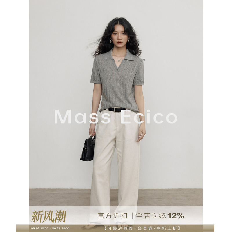 Mass Ecico Old Money Style V-Neck Short-Sleeved Knit Top for Women, New Summer Commuter Slim-Fit Thin Outerwear Top
