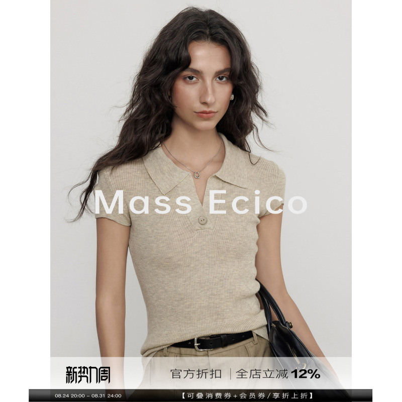 Mass Ecico Old Money Style Lapel Pullover Short-Sleeved Knitwear Women's Summer Outer Wear Polo Shirt T-Shirt Top