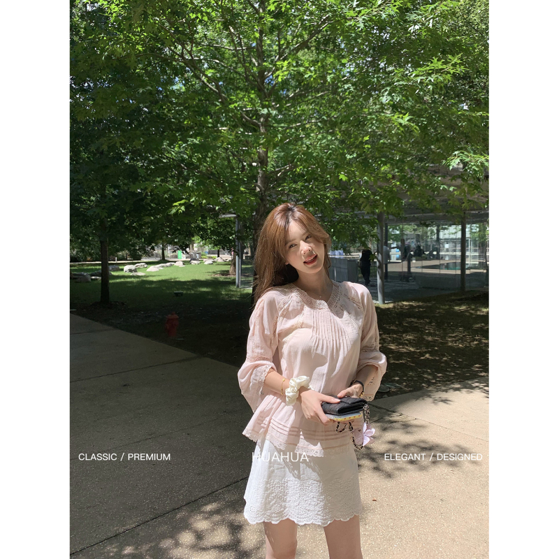 【Flower】Semi-Mature Lovers~100% Cotton! Korean-Style Light Oxygen Cotton French Lace Summer Gentle Mid-Sleeve Top 【Flower】Semi-Mature Lovers~100% Cotton! Korean-Style Light Oxygen Cotton French Lace Summer Gentle Mid-Sleeve Top