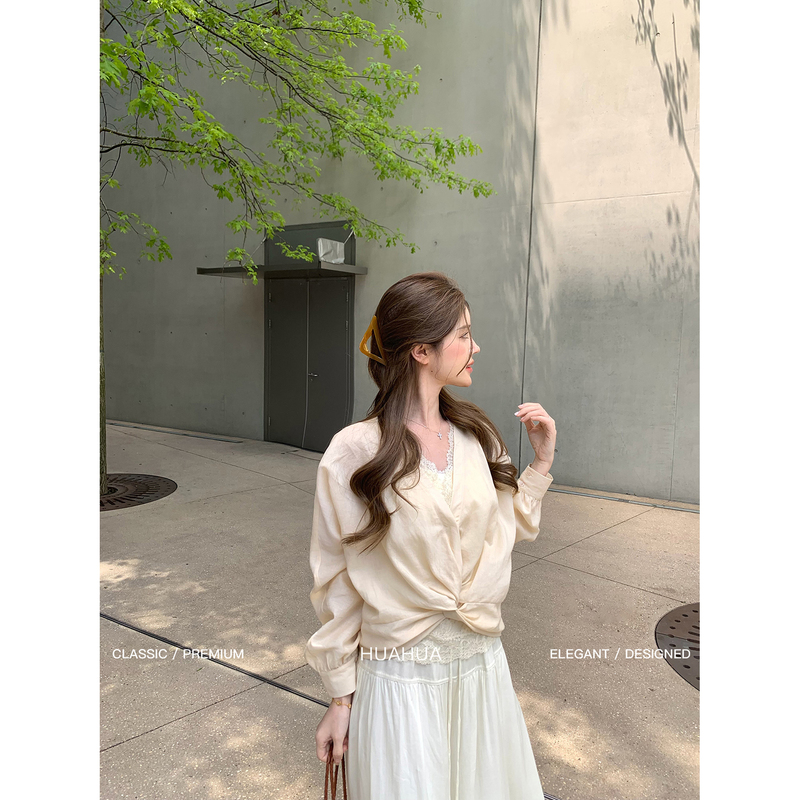【Flower】Time Traveler~ Summer Ramie Loose-Fitting Twisted V-Neck Long-Sleeved Sun Protection Shirt + Lace Inner Vest