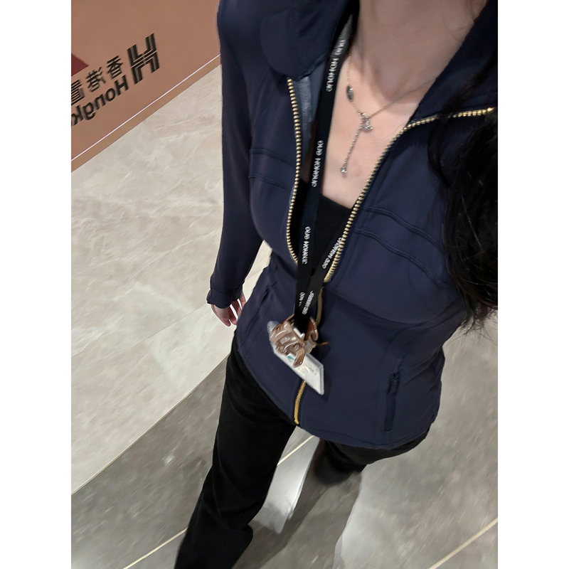 Navy Blue Yoga Wear Sun Protection Jacket for Women, Spring 2026 New Style, Stand-Up Collar, Slim Fit, Waist-Cinching, Sports and Fitness Outfit