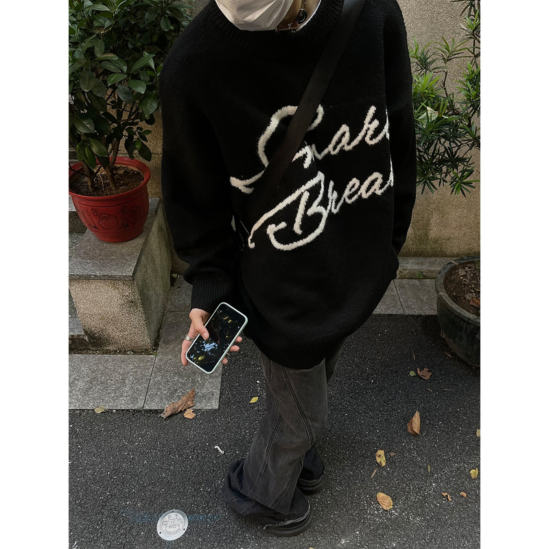American Retro Gothic Letter Crew Neck Sweater Knitwear for Men and Women, Loose and Casual Trendy Brand Autumn and Winter Outerwear