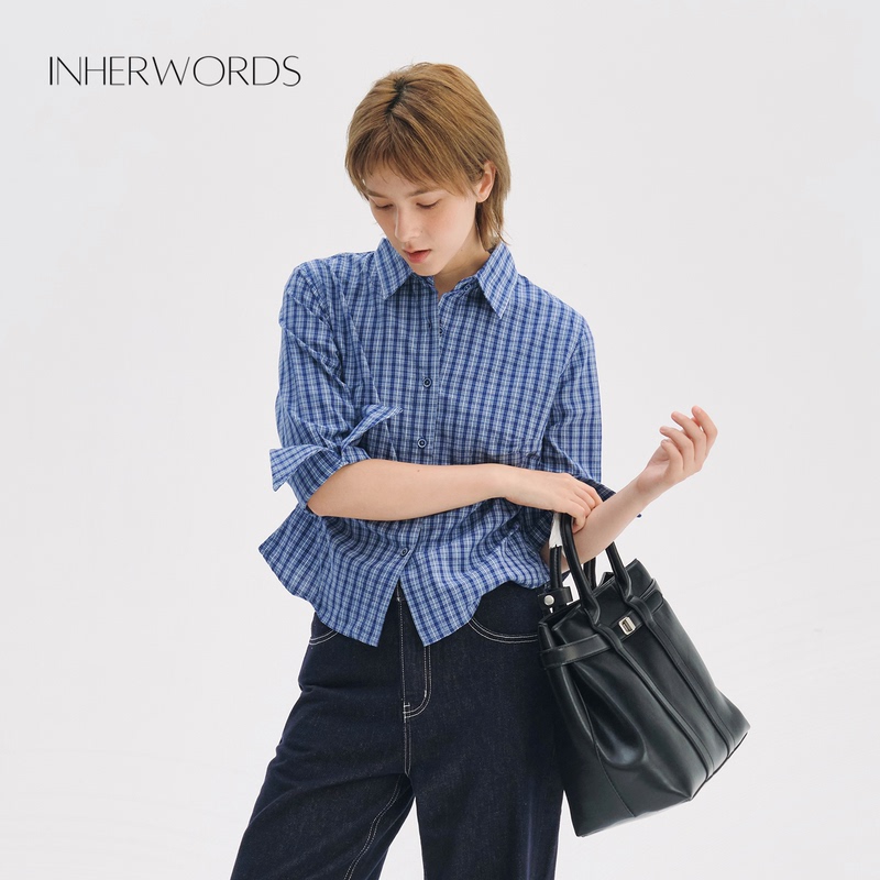 Inherwords Retro Simple Commuter Casual Blue Plaid Cotton Slim-Fit Shirt Mid-Sleeve Waist-Cinching Shirt Inherwords Retro Simple Commuter Casual Blue Plaid Cotton Slim-Fit Shirt Mid-Sleeve Waist-Cinching Shirt