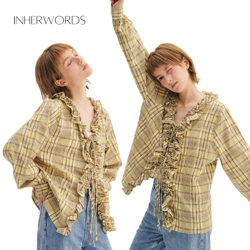 Inherwords French-Style Ruffled Plaid Shirt, Loose Casual Versatile V-Neck Long-Sleeve Shirt Jacket for Spring and Autumn