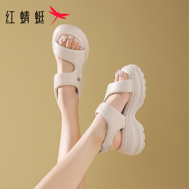 Red Dragonfly One-Strap Genuine Leather Sandals 2026 Summer New Style Women's Outdoor Wear Height-Increasing Thick-Soled Beach Casual Shoes Women's Shoes
