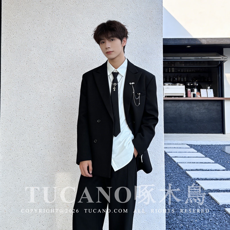 Woodpecker Academy Style Casual Loose-Fitting Suit for Men, Black Versatile Interview Formal Wear, High-End Jacket Suit Set
