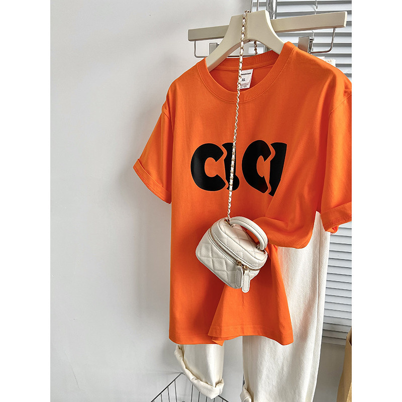 Dopamine Orange Short-Sleeved T-Shirt for Women 2026 Summer New Loose Fit Slimming and Flesh-Covering Personalized Letter Print Top