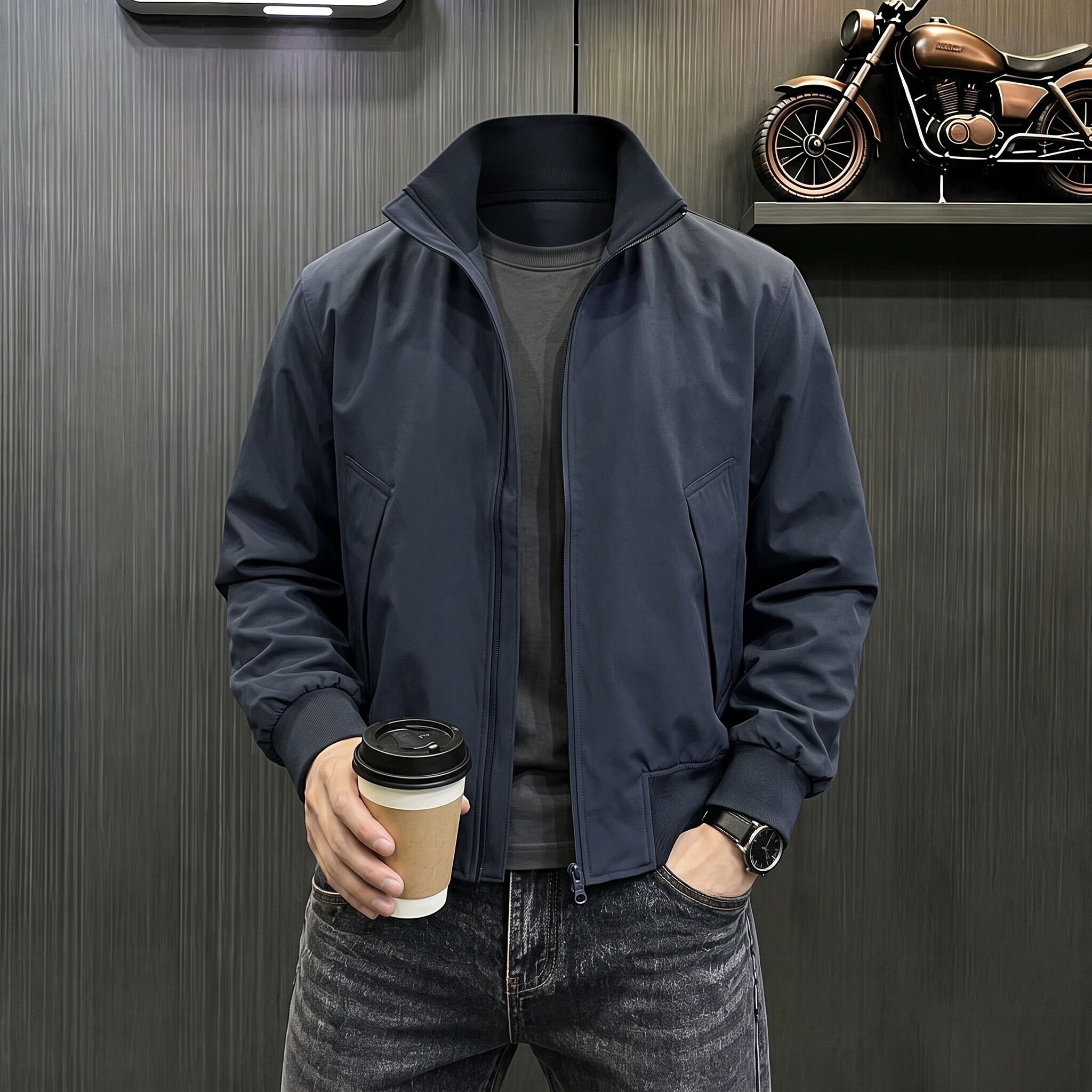 Navy Blue Pilot Jacket for Men, Spring and Autumn, Three-Proof Stand Collar Windbreaker, Cleanfit Short Baseball Jacket